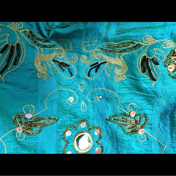 🆕🎁Gold embellished silk-like bright turquoise shoulder purse-vintage-like new - Picture 11 of 16